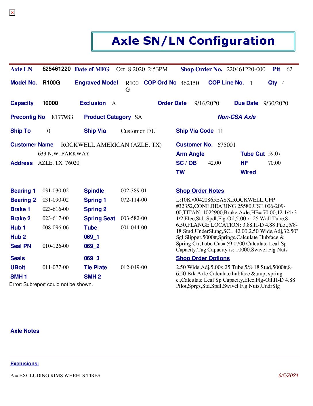10GD 865 ELEC NO SPGS;, PER TAG # 625461220, TW=70, SC=42, UNDERSLUNG, SWIVEL FLANGE ***R100G**