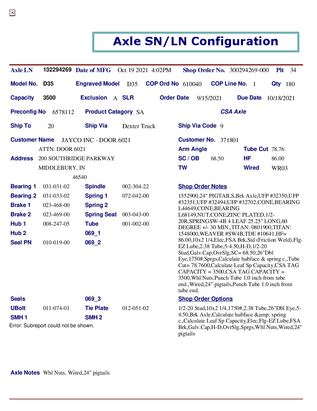 3.5K 545 ELEC***FSA*** STRAIGHT;W/EZ LUBE, HF=86, SC=68.5, OVERSLUNG