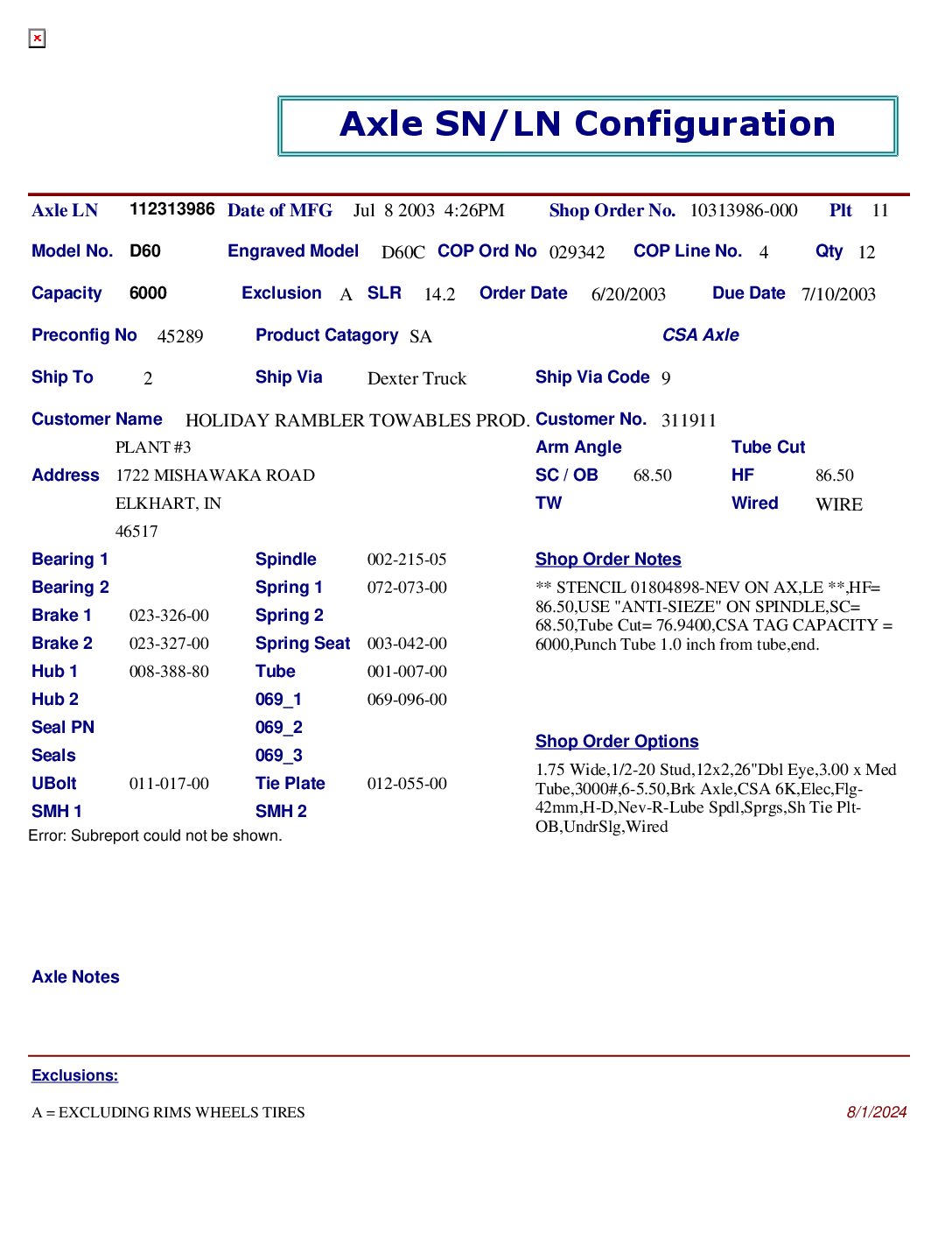6K 655 ELEC ST W/NEV-R-;LUBE, MEDW PER SN# SN=112313986,   HF=86.5, SC=68.5, UNDERSLUNG