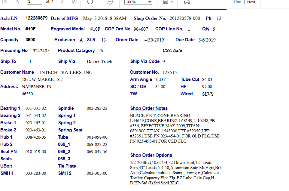 10F*** AXLE BEAM 3.9*** FLGD;W/EZ LUBE , HF=97", OB=84", 32 DOWN, HP, STD BRACKETS, PER TAG # 122280579