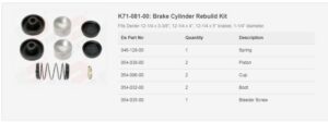 K71-081-00: Brake Cylinder Rebuild Kit Fits Dexter 12-1/4 x 3-3/8", 12-1/4 x 4", 12-1/4 x 5" brakes; 1-1/4" diameter. BP16-050