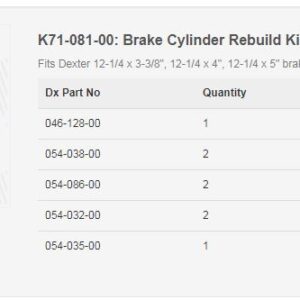 K71-081-00: Brake Cylinder Rebuild Kit Fits Dexter 12-1/4 x 3-3/8", 12-1/4 x 4", 12-1/4 x 5" brakes; 1-1/4" diameter. BP16-050